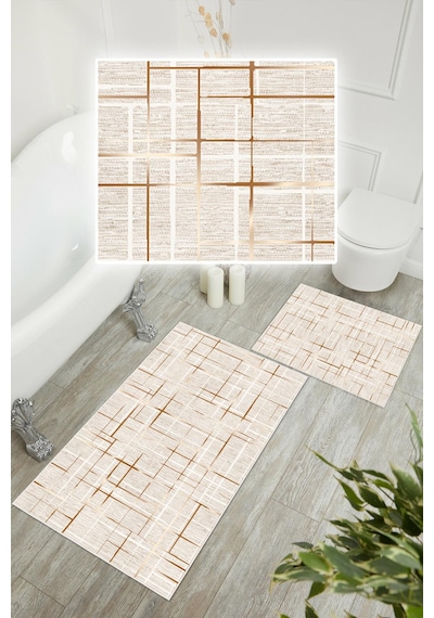 Dijital Baskı Çizgi Desen Kaymaz Taban 2li Set Banyo Paspası Klozet Takımı 50x60cm-60x100cm Krem