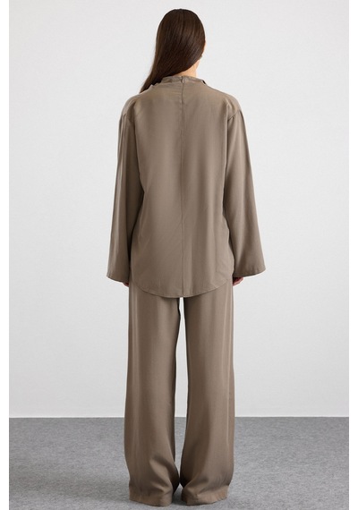 Olcay Degaje Yaka Oversize Pantolon Bluz İkili Takım Haki 9483-tk
