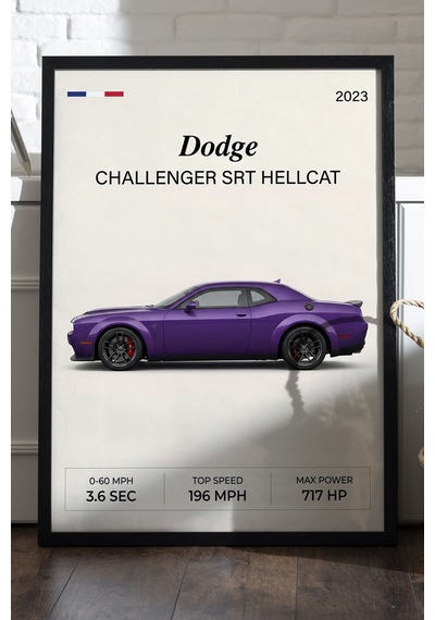 Dodge Challenger Srt Siyah Ahşap Çerçeveli Poster, Dekoratif Araba Duvar Tablosu