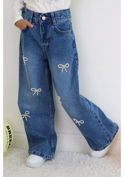 Breeze Kız Çocuk Jean Pantolon İnci Detaylı Fiyonk İşlemeli 5-9 Yaş, Mavi Mavi