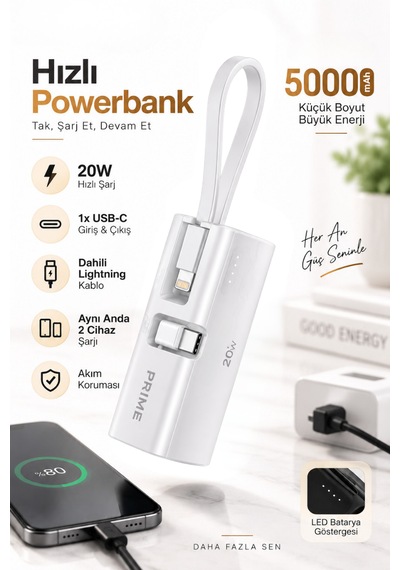 5000 Mah Powerbank 20w Pd Hızlı Şarj Dahili Lightning Kablolu Usb-c Taşınabilir Şarj Cihazı BEYAZ