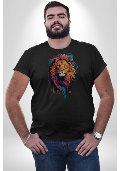 Renkli Yağlı Boya Aslan Unisex Unisex Siyah Organik Baskılı T-shirt Penye Yüksek Kalite Siyah