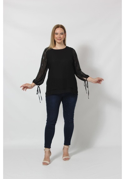 Moda Berray 3243 Kolu Taş Baskılı Şık Bluz Siyah 001