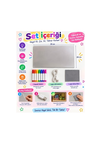 Led Işıklı Yazı Çizim Ve Boyama Tahtası 30x20 Cm 7 Renk Kalemli Silinebilir Usb Li Eğitici Çocuk Çizim Panosu Şeffaf