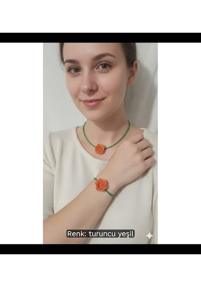 El Yapımı Çiçekli Choker Kolye Ve Bilezik Seti. Canlı Renk Kombinasyonu Kahverengi