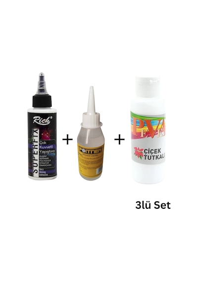 3 Lü Güçlü Yapıştırıcı Seti, Pva 100ml , Superfix 120cc , Soğuk Silikon 100ml Hobi Dıy Tutkal Seti