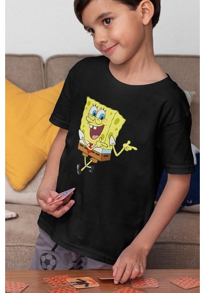 Sevbano Süngerbob Baskılı Unisex Çizgi Film Çocuk Tişört 1-12 Yaş Siyah