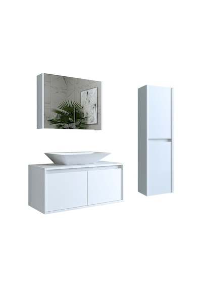 Banos Banyo Roomart Lavabolu Mat Beyaz Mdf 100Cm Banyo Dolabı+Ayn Mat Beyaz