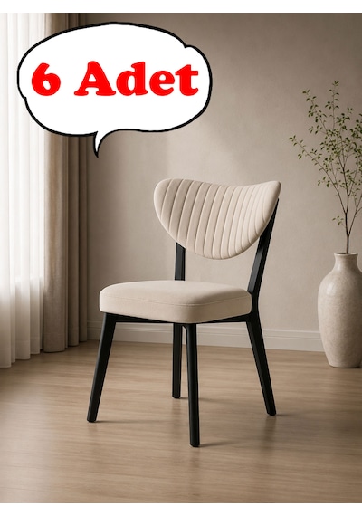 Teknor 6 Adet Elma Sandalye Modern Kadife Kapitone Sırtlı Mutfak Yemek Odası Balkon Kafe Sandalyesi 85 Cm Krem