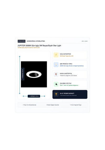 Jupıter 3000k Gün Işığı 3w Beyaz/siyah Star Light - Ls450