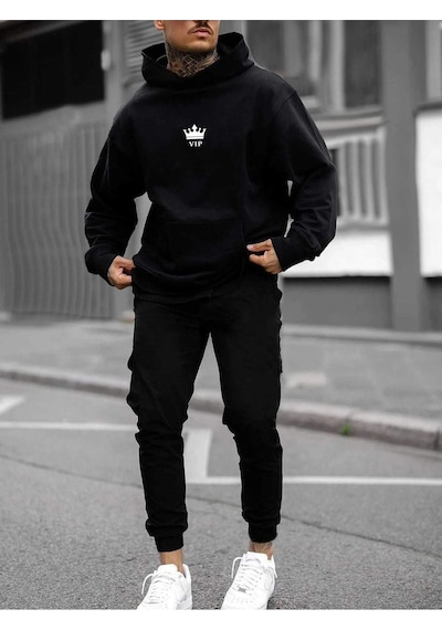 Vip Eşofman Takımı Sweatshirt Jogger - Siyah Baskılı Oversize Şardonlu Kapüşonlu Siyah