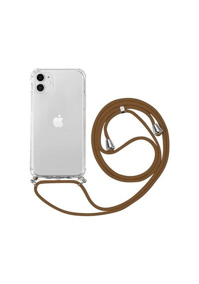 Iphone 11 Uyumlu Boyundan Askılı Şeffaf Darbe Emici Antishock Silikon Telefon Kılıfı Kahverengi