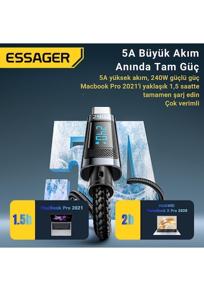 Essager 2 Metre 240w Dijital Ekranlı Type-c To Type-c Mega Hızlı Data Şarj Kablosu, Ultra Sağlam Halat Kablo Kopmaz