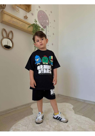 Miniko Kids Erkek Çocuk Brawl Stars Pamuk Şortlu Takım Siyah