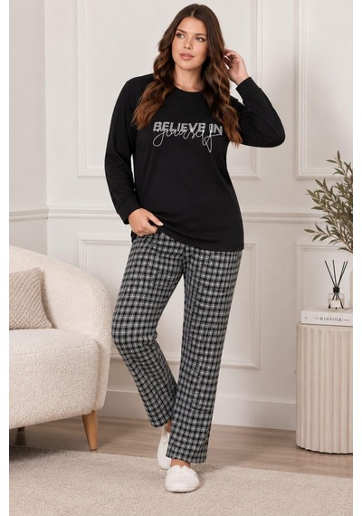 Gd Goldoremi Premium Kadın Büyük Beden Rahat Kışlık Uzun Kollu Pijama Takım Siyah