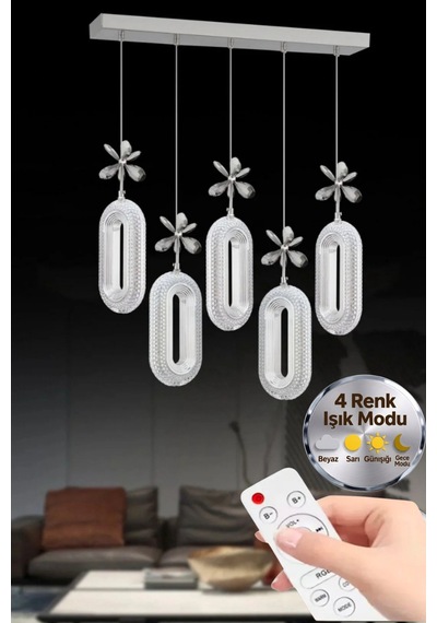 LumiaLighting Eclipse Model 5"li Gümüş Kumandalı 3 Renk Modu Yemek Masası Oturma Çocuk Yatak Odası Modern Ledli Avize