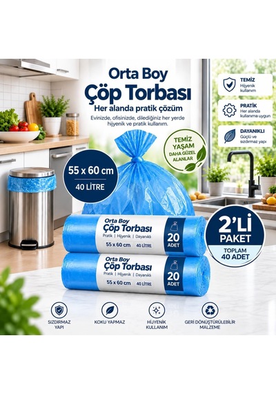 Çöp Torbası Orta Boy,55x60cm,sızdırmaz,dayanıklı,ruloda 20 Adet, Mavi2rulo