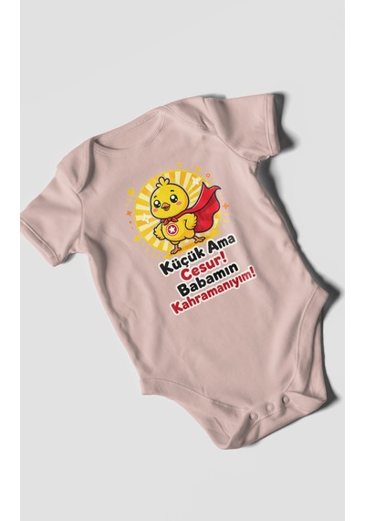 Morivokids Küçük Ama Cesur Babamın Kahramanıyım Kısa Kollu Bebek Body %100 Pamuk Pastel Pembe