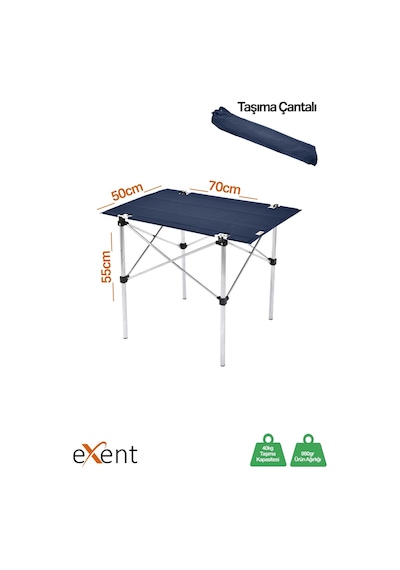 Exent 50x70 Cm Kamp Masası Katlanabilir Masa, Piknik Bahçe Balkon Plaj Masası, Taşıma Çantalı Masa-lacivert