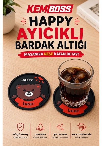Kemboss Ayıcık Ve Happy Ayıcık Bardak Altlığı Seti 4'lü - Pvc Kaydırmaz Bardak Altlığı 2 Ayıcık + 2 Happy Ayıcık Çok Renkli