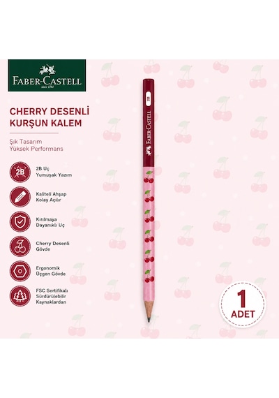 Faber-castell Cherry Desenli Kurşun Kalem 1 Adet 2b Yuvarlak Gövde Kırmızı