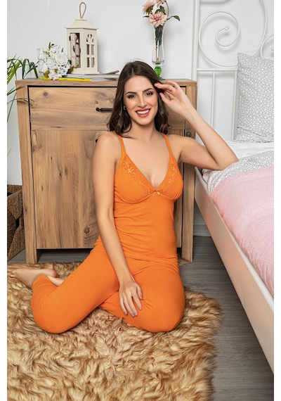 Myben Kadın Turuncu Renkli Dantel Detaylı Şortlu Ve Taytlı Pijama Takımı 3'lü Set 75002 Turuncu