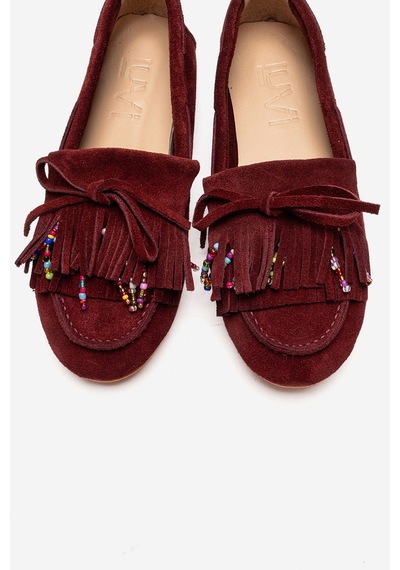 Luvishoes Evelyn Bordo Süet Hakiki Deri Püsküllü Boncuklu Kadın Loafer Ayakkabı