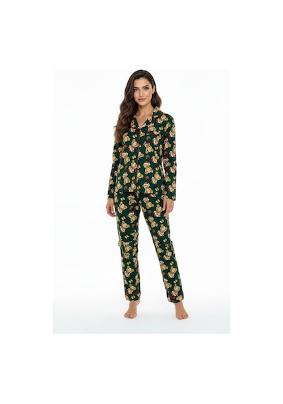 Luxury Soft Yeşil Yılbaşı Ayıcık Desenli Uzun Kollu Kadın Pijama Takımı 3065 Haki