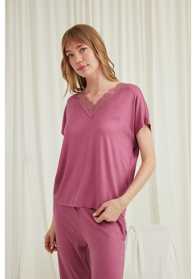 Monamise Kadın Kısa Kollu V Yakalı Dantelli Pijama Takımı 18579 - Gül Kurusu Gülkurusu