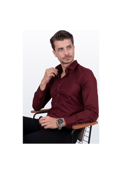 Koyu Bordo Baklava Desenli Slimfit Gömlek Koyu Bordo