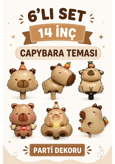 Capybara Folyo Balon Seti 6 Parça 14 İnç Capybara Temalı Doğum Günü Parti Dekorasyonu Çok Renkli