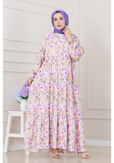Sevitli Lilyum Çiçekli Elbise-mor-5254 Mor