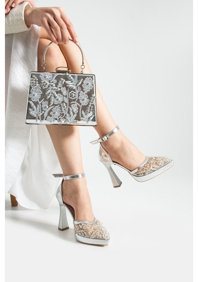 Dabab Shoes Pearly Gümüş Ayakkabı Çanta Kombin Platformlu 11cm Topuklu İncili Bantlı Abiye Ayakkabı Çanta Seti