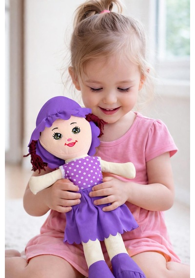 Kız Oyuncak Bebek Elbiseli Oyuncak Bez Bebek 50 Cm Bez Bebek Özel Yapım Premium Mor Bebek 001