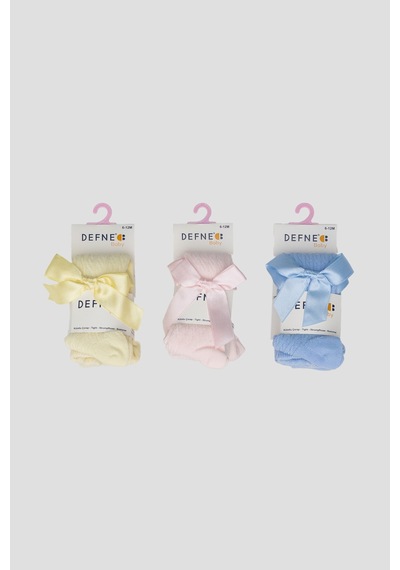 Defne Baby 3 Adet Kurdele Aksesuarlı Pamuklu Kız Çocuk Ve Bebek Külotlu Çorap Sarı Mavi Pembe