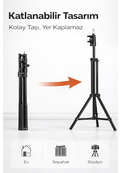 Universal Girişli Ring Light Tripodu 2.1 Metre Ayarlanabilir Işık Standı Katlanabilir Hafif T Altın