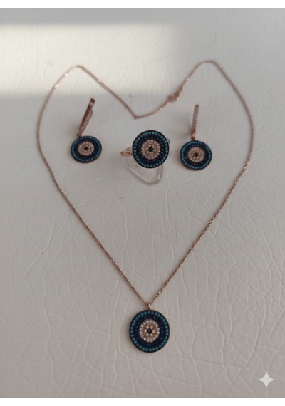Safir, Turkuaz Ve Zirkon Kombinasyonlu Roz Kaplama Set Rose Gold