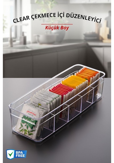5 Bölmeli Küçük Boy Clear Çekmece & Dolap İçi Düzenleyici Organizer Beyaz