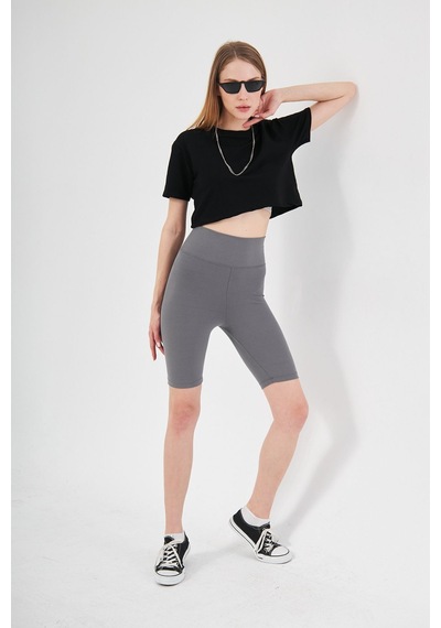 Thiff Gymwear Antrasit Yüksek Bel Toparlayıcı Kısa Şort Spor Fitilli Biker Tayt