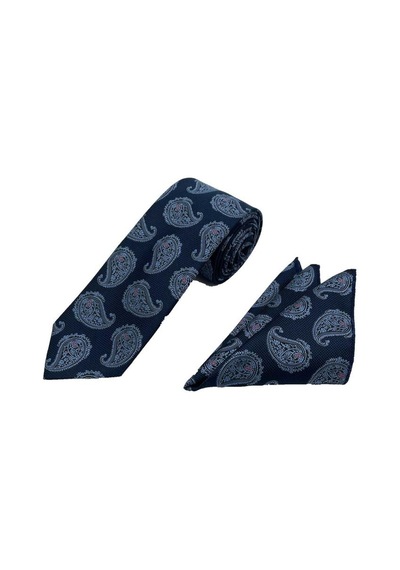 Brianze 7 Cm Lacivert Mavi Şal Desen Kravat Mendil Set Lacivet