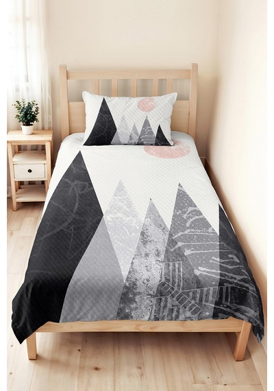 Gri Geometrik Modern Genç Odası Tek Kişilik Pike Takımı - Pudra Minimal 160x220 Cm Yatak Örtüsü Mumlu Köy Hissi