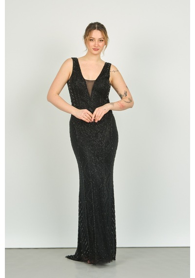 Gatsbylady London Kadın Sırt Dekolteli Full Taş İşlemeli Uzun Abiye Elbise 2510 Siyah