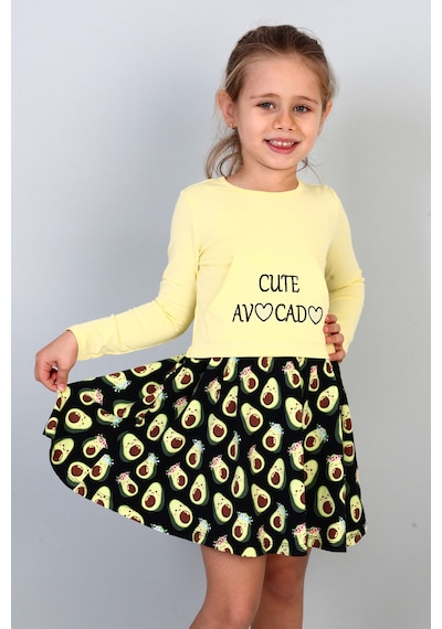 Toontoy Kız Çocuk Cute Avocado Naskışlı Eteği Desenli Elbise Sarı