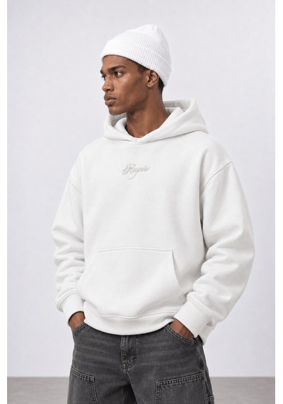 Respire Erkek Rosette Nakışlı Oversize Hoodie Ekru