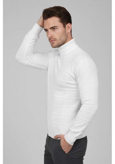 Deepsea Erkek Beyaz Kare Desenli Balıkçı Yaka Slim Fit Boğazlı Triko Kazak 2505493 Beyaz