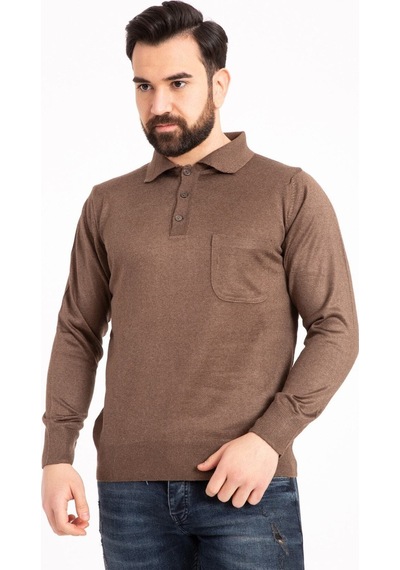 Nacar Store Erkek Kahverengi Ince Yün Triko Örgü Polo Yaka Baba Kazak