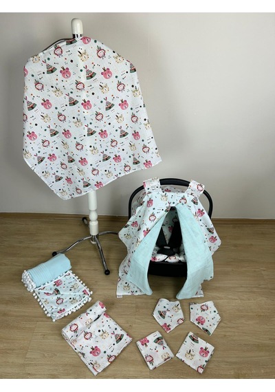 %100 Pamuk 9 Parça Çift Taraflı Muslin Set Pembe Ayı