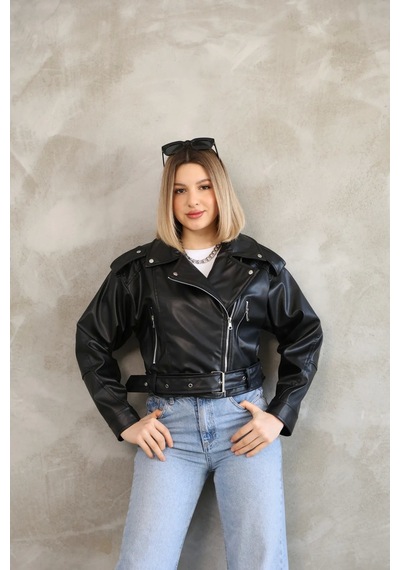Genculus Kemerli Crop Deri Oversize Kadın Yeni Sezon Ceket Çok Renkli