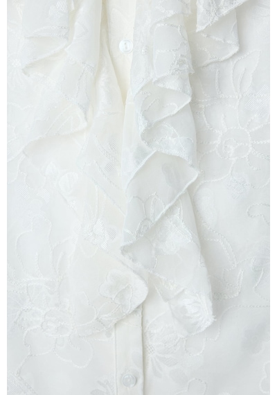 Sateen Fırfırlı Nakışlı Şifon Gömlek - Ekru-137456