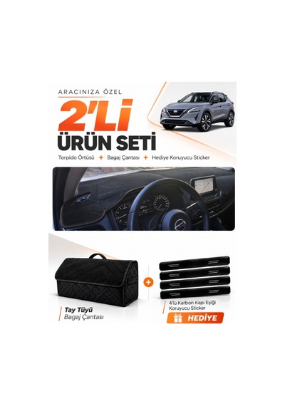 E-biz Nissan Qashqaı 2021-2024 Uyumlu Torpido Örtüsü + Tay Tüyü Bagaj Çantası Seti - Siyah - Nı021